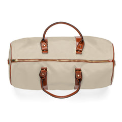 Color: Beige. Swing Dachshund golf travel bag in beige, top view with gold-colored zipper and brown PU handles.