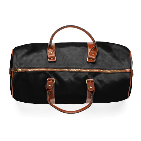 Color: Black. Club Mark golf travel bag in black, top view with gold-colored zipper and brown PU handles.