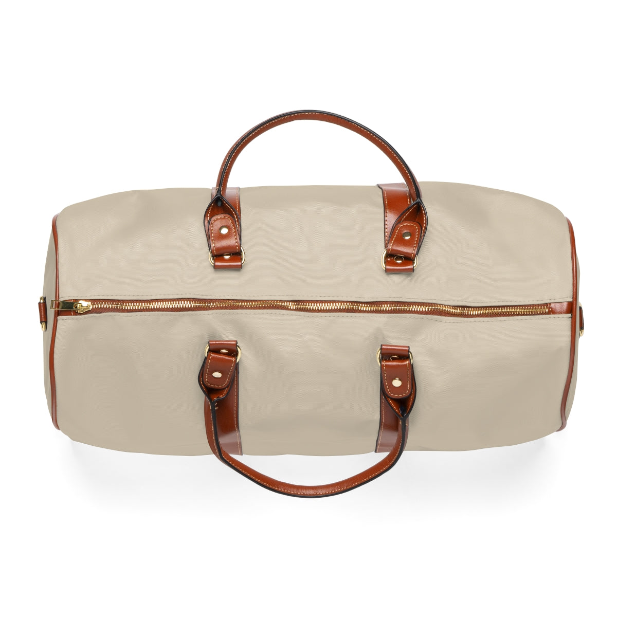 Color: Beige. Club Mark golf travel bag in beige, top view with gold-colored zipper and brown PU handles.