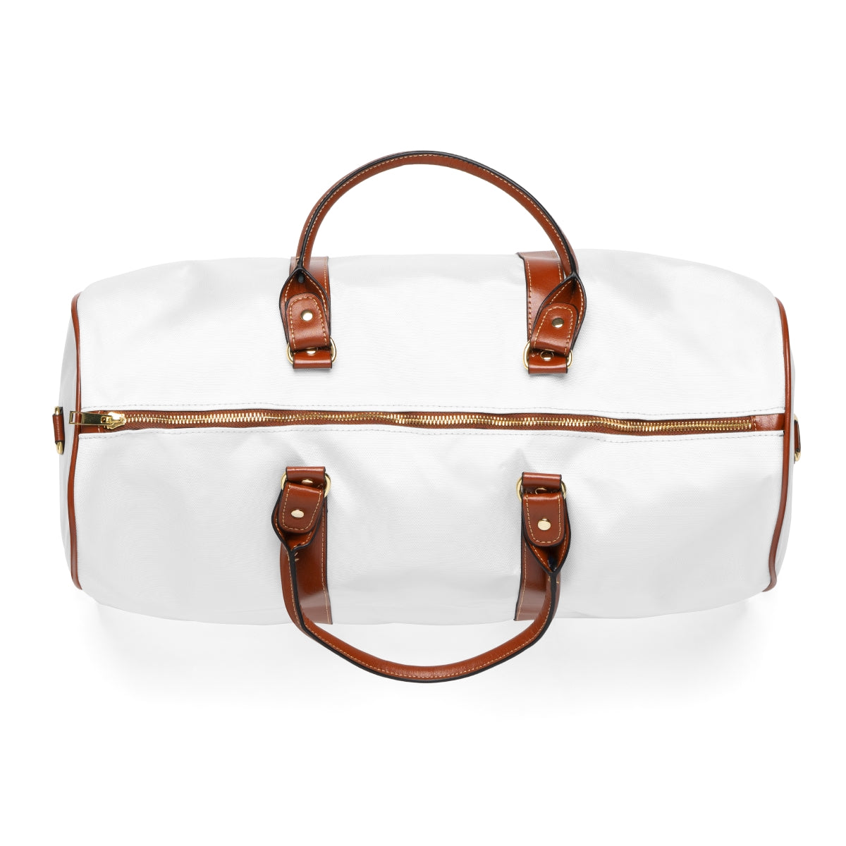 Color: White. Club Mark golf travel bag in white, top view with gold-colored zipper and brown PU handles.