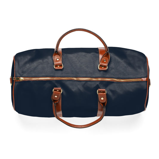 Color: Navy. Putting Dachshund golf travel bag in navy, top view with gold-colored zipper and brown PU handles.