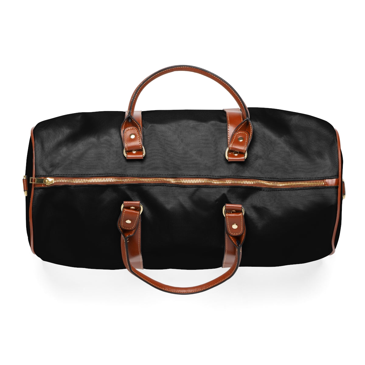 Color: Black. Putting Dachshund golf travel bag in black, top view with gold-colored zipper and brown PU handles.