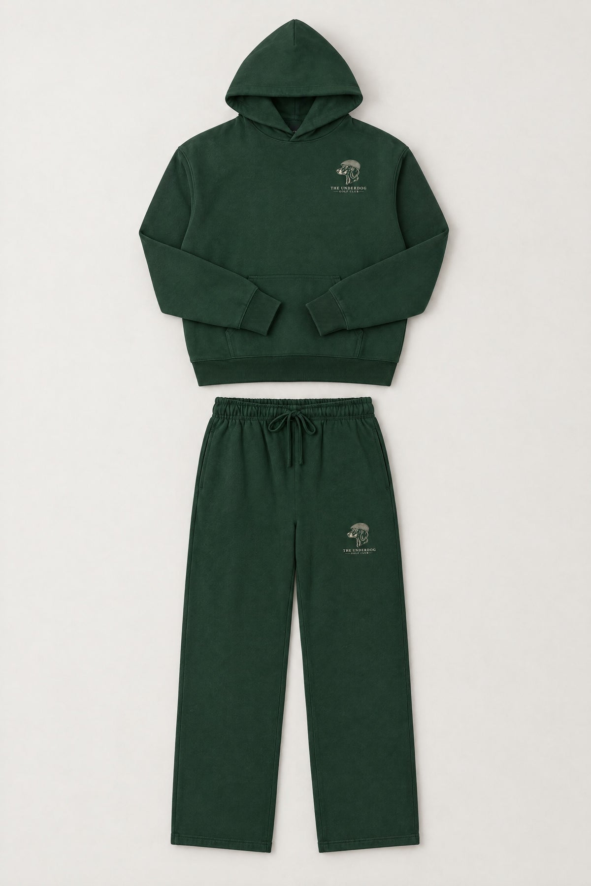 Flat lay of The Long Drive dachshund golf hoodie and matching sweatpants in Blackish Green. Color: Blackish Green