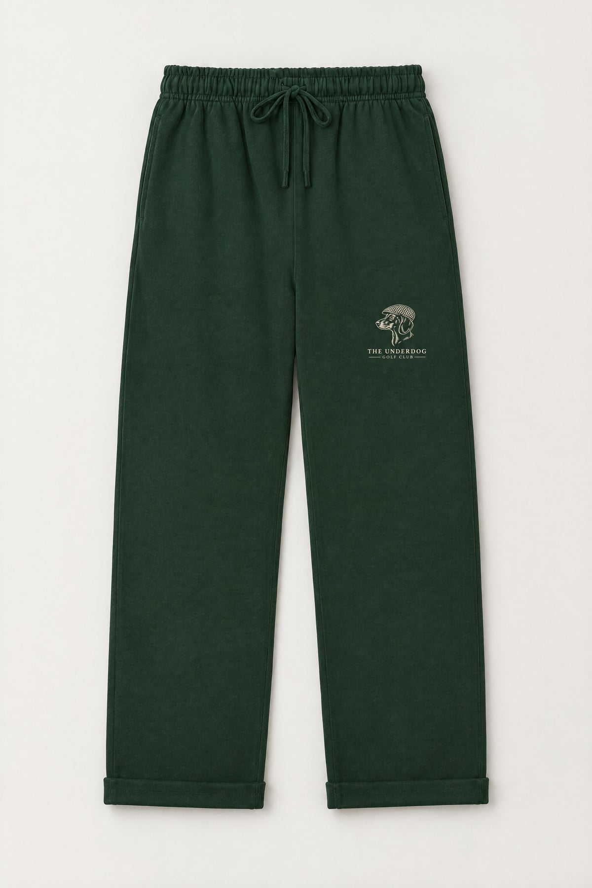 Flat lay of Underdog Golf Club dachshund crest sweatpants in Blackish Green. Color: Blackish Green