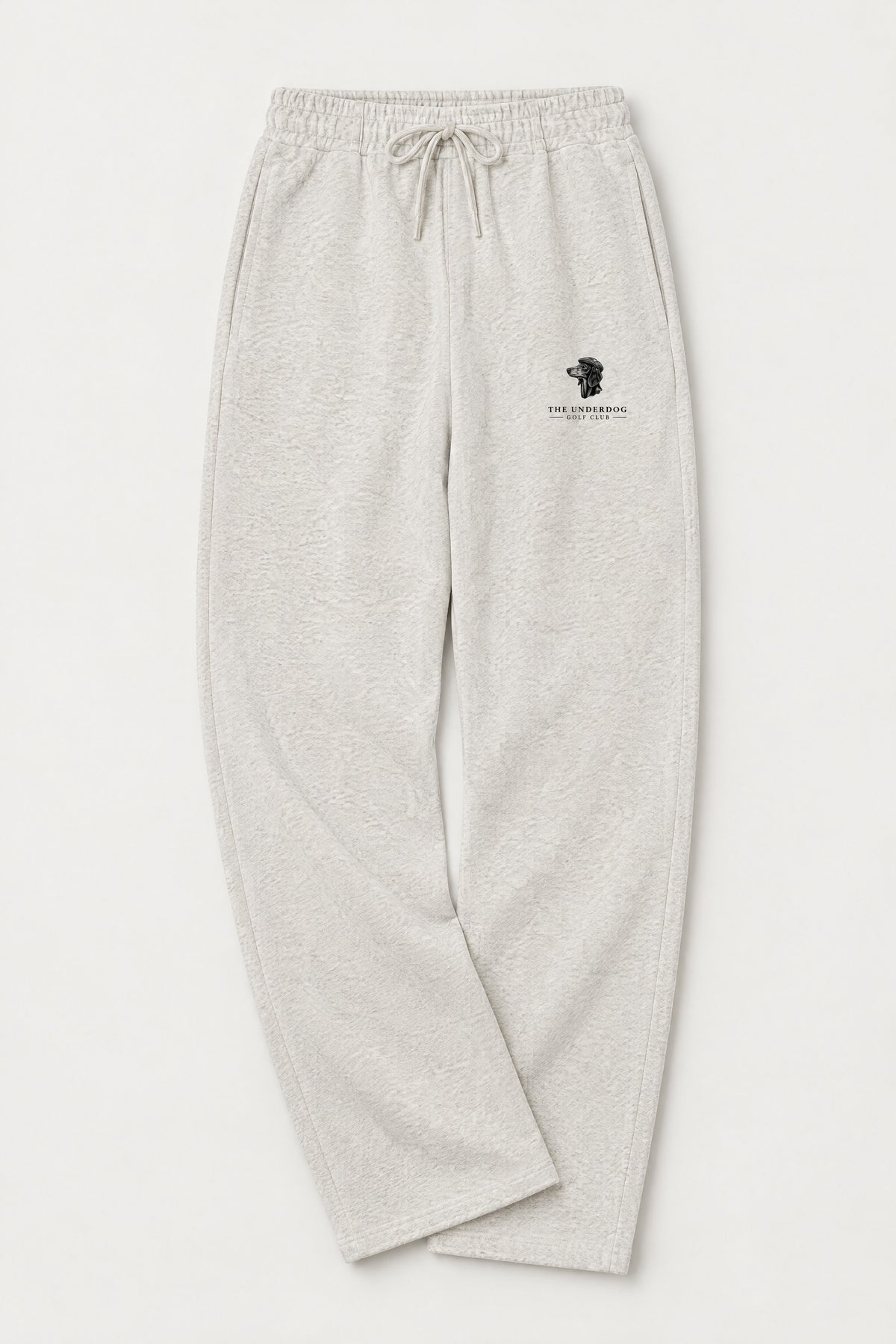 Flat lay of Underdog Golf Club dachshund crest sweatpants in Oat Gray. Color: Oat Gray