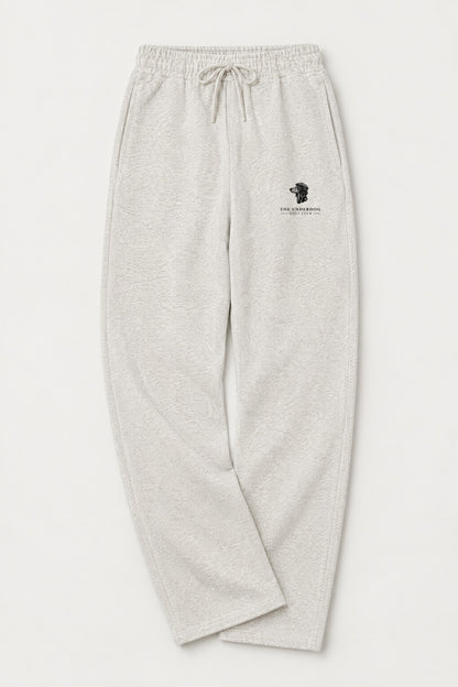 Flat lay of Underdog Golf Club dachshund crest sweatpants in Oat Gray. Color: Oat Gray