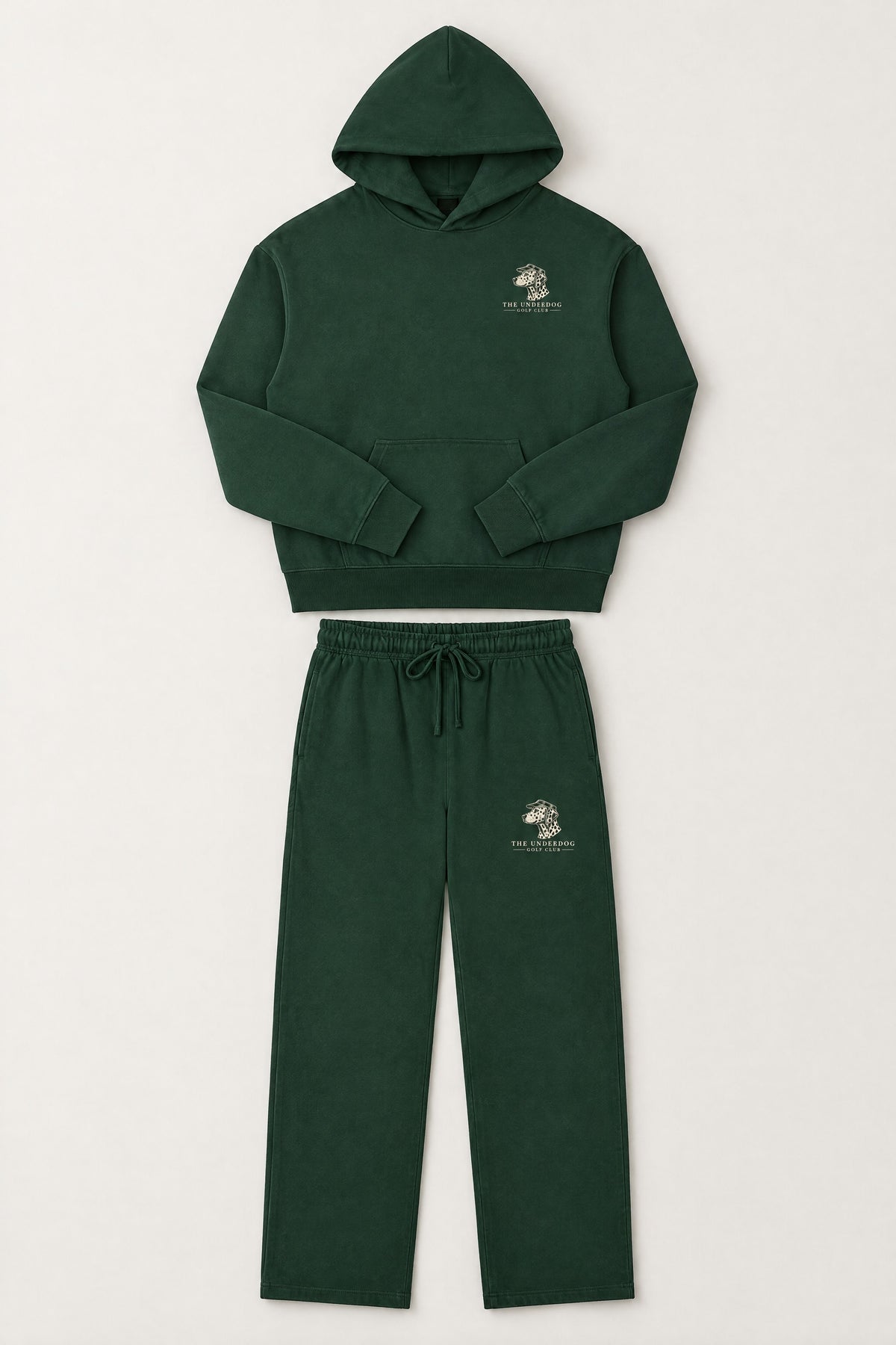 Flat lay of The Sweet Spot Dalmatian golf hoodie and matching sweatpants in Blackish Green. Color: Blackish Green