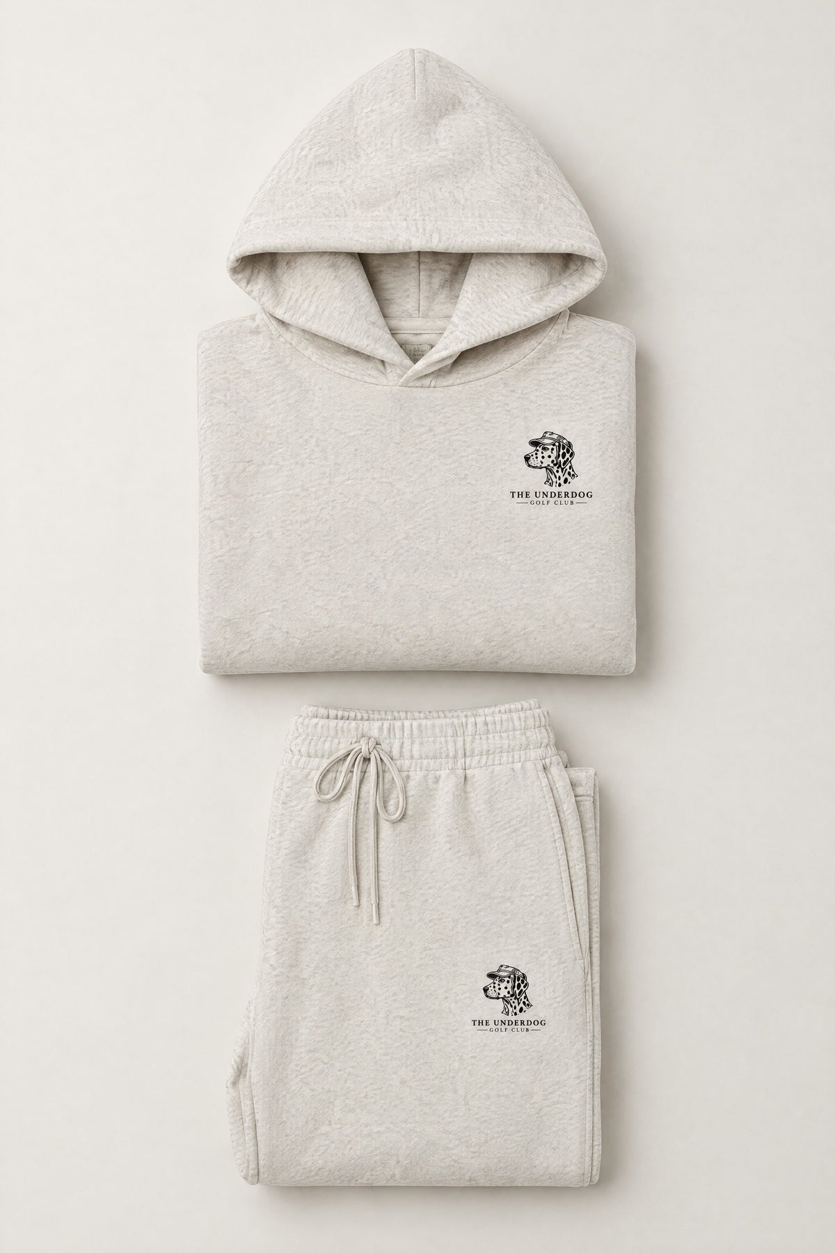 Flat lay of The Sweet Spot Dalmatian golf hoodie and matching sweatpants in Oat Gray. Color: Oat Gray