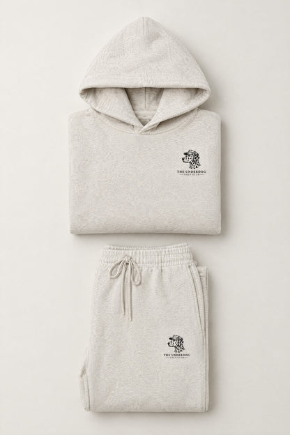 Flat lay of The Sweet Spot Dalmatian golf hoodie and matching sweatpants in Oat Gray. Color: Oat Gray