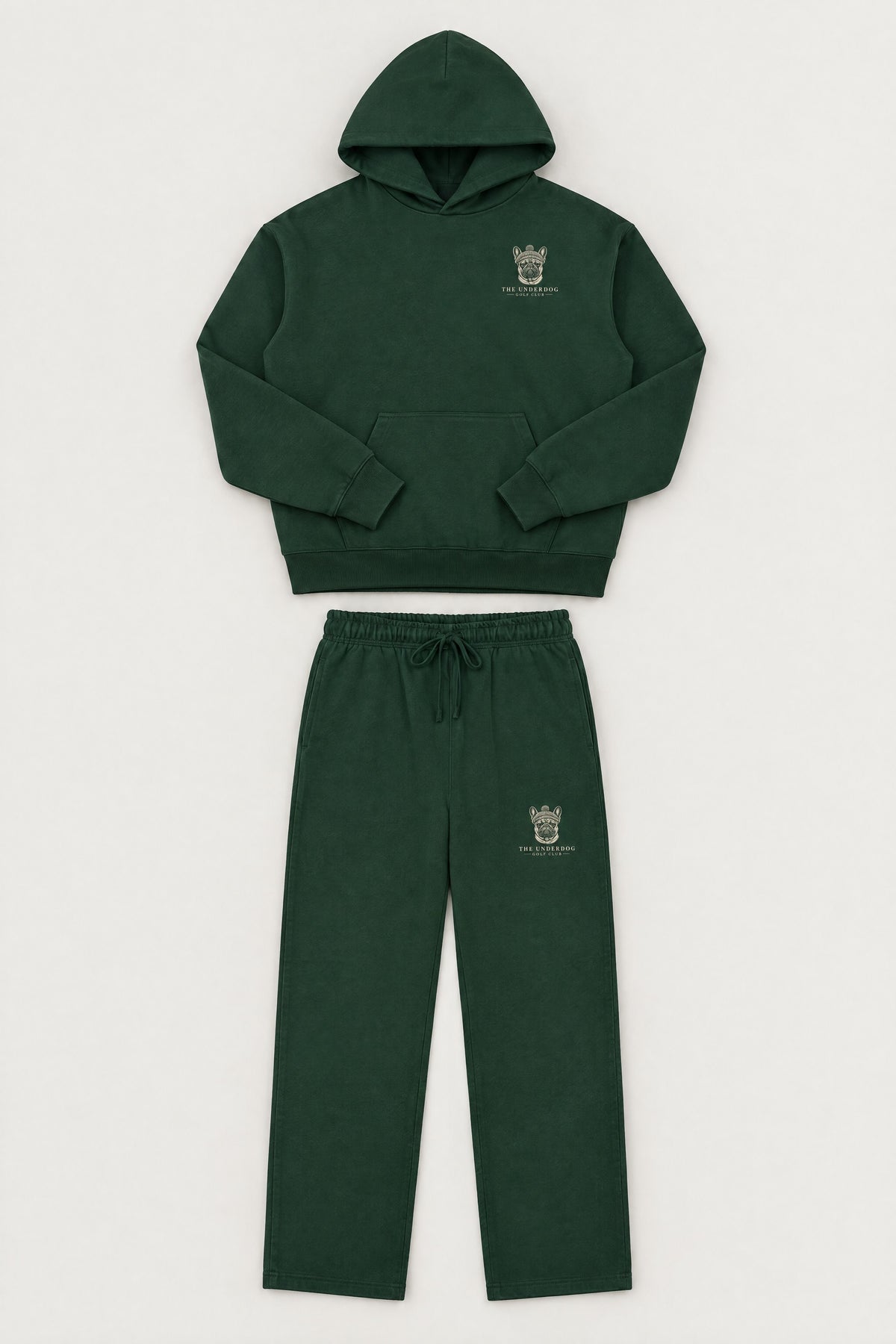 Flat lay of The Marshal French Bulldog golf hoodie and matching sweatpants in Blackish Green. Color: Blackish Green