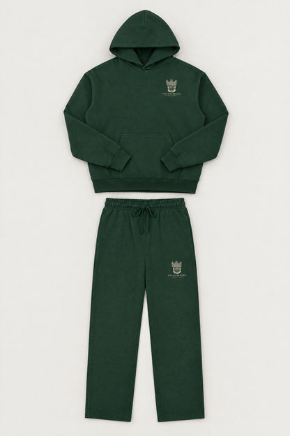 Flat lay of The Marshal French Bulldog golf hoodie and matching sweatpants in Blackish Green. Color: Blackish Green