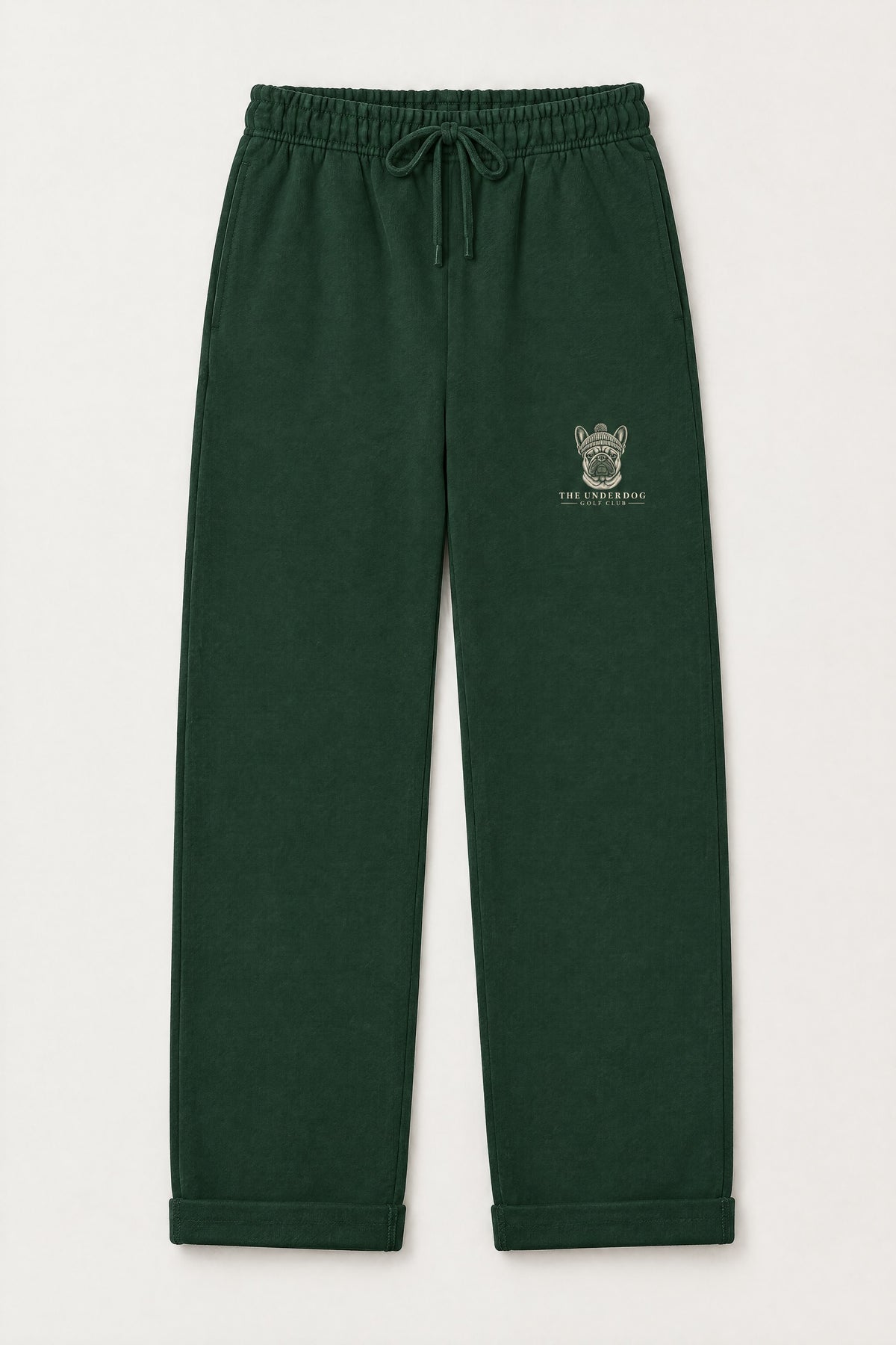 Flat lay of Underdog Golf Club French Bulldog crest sweatpants in Blackish Green. Color: Blackish Green