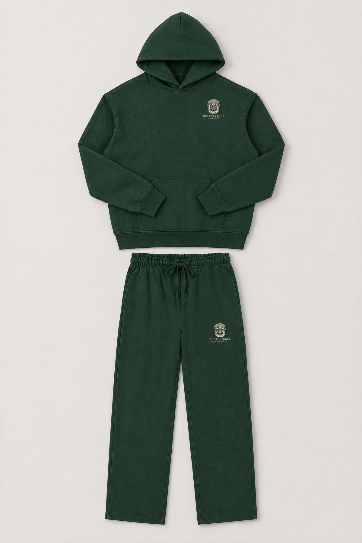 Flat lay of The Heavy Hitter pug golf hoodie and matching sweatpants in Blackish Green. Color: Blackish Green