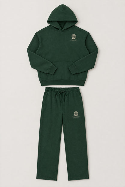 Flat lay of The Heavy Hitter pug golf hoodie and matching sweatpants in Blackish Green. Color: Blackish Green