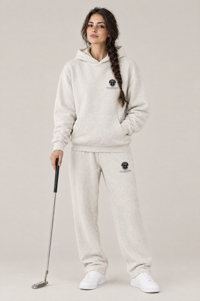 The Heavy Hitter Pug Golf Hoodie, White & Oat Gray