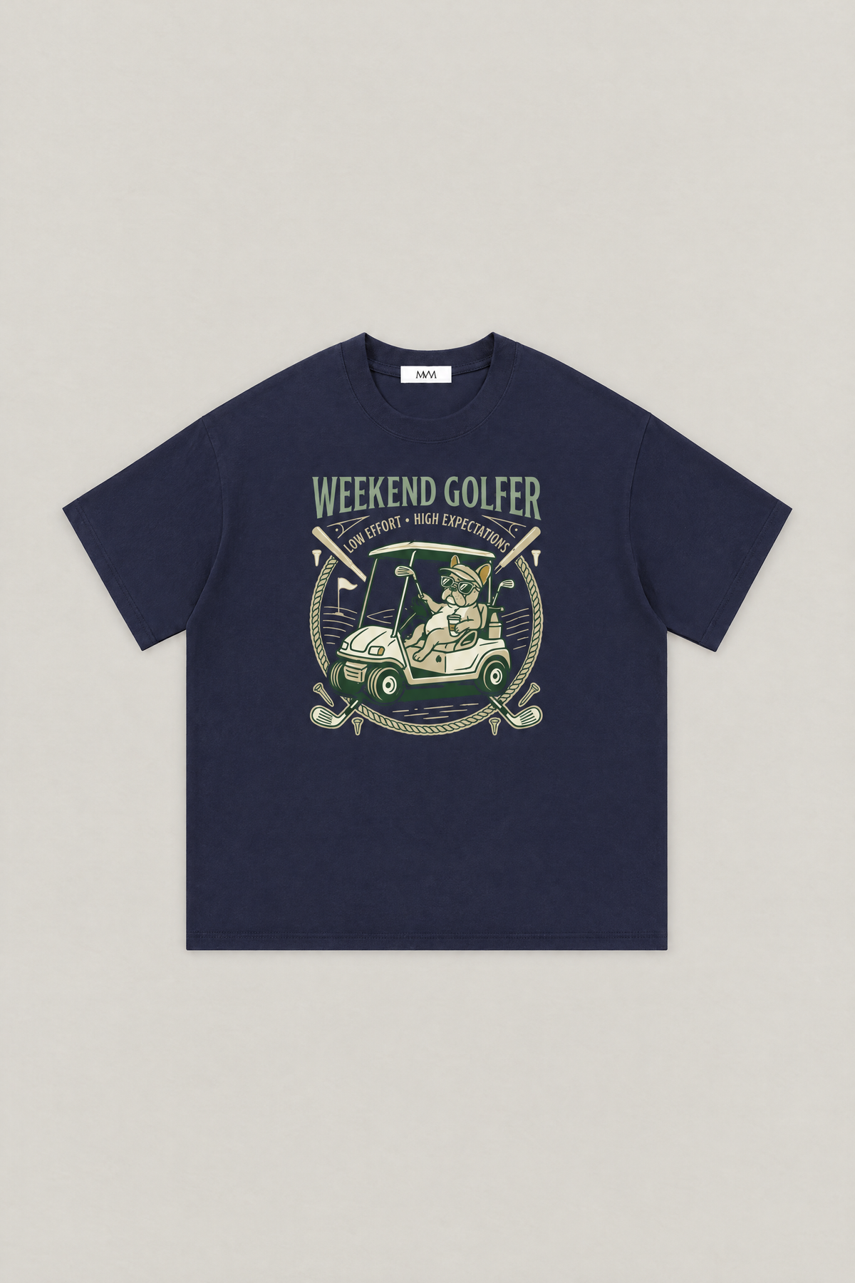 Weekend Golfer French Bulldog Golf Tee in navy, flat lay front view. Color: Navy
