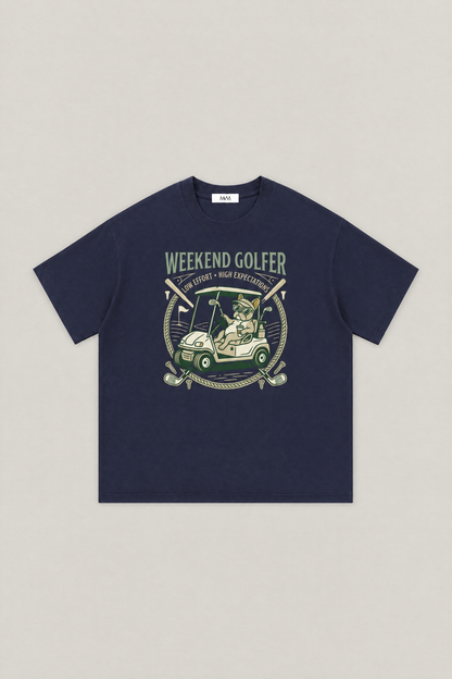 Weekend Golfer French Bulldog Golf Tee in navy, flat lay front view. Color: Navy