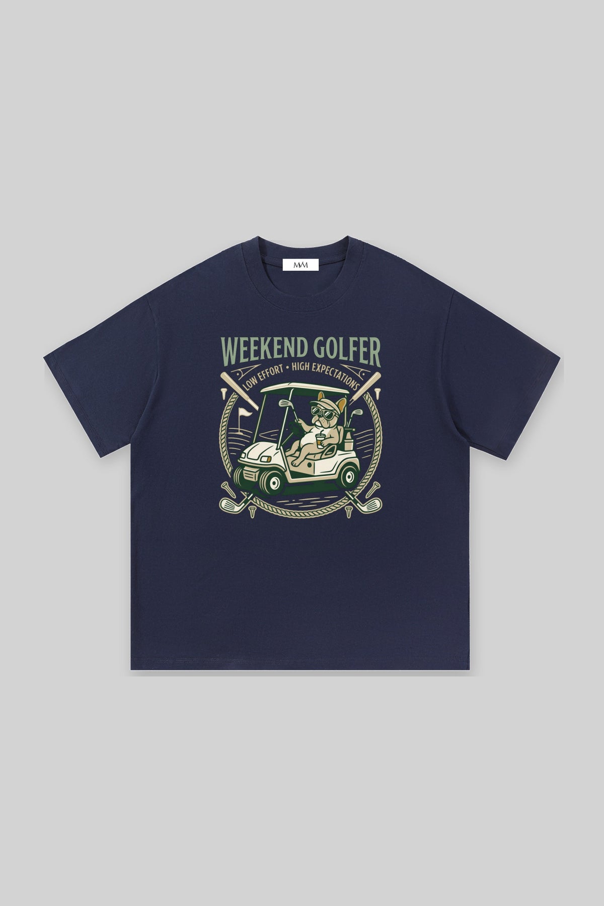 Weekend Golfer French Bulldog Golf Tee in navy, front view