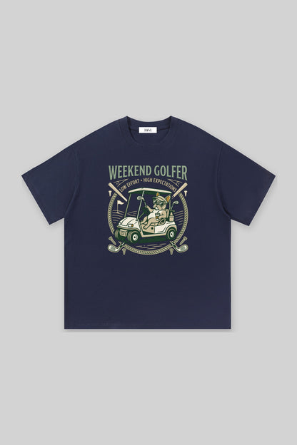 Weekend Golfer French Bulldog Golf Tee in navy, front view