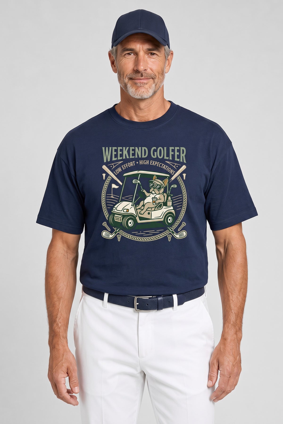 Man wearing the Weekend Golfer French Bulldog Golf Tee in navy