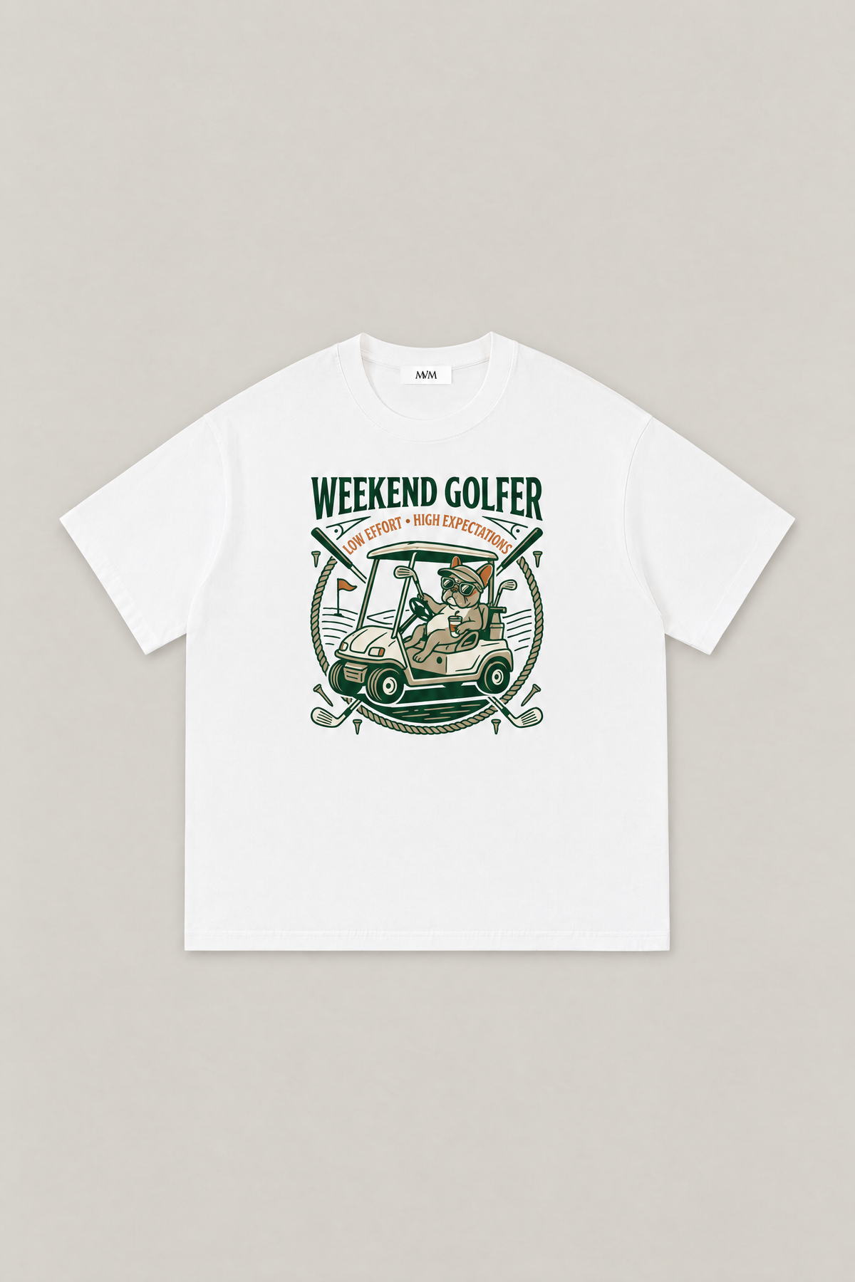 Weekend Golfer French Bulldog Golf Tee in white, flat lay front view. Color: White