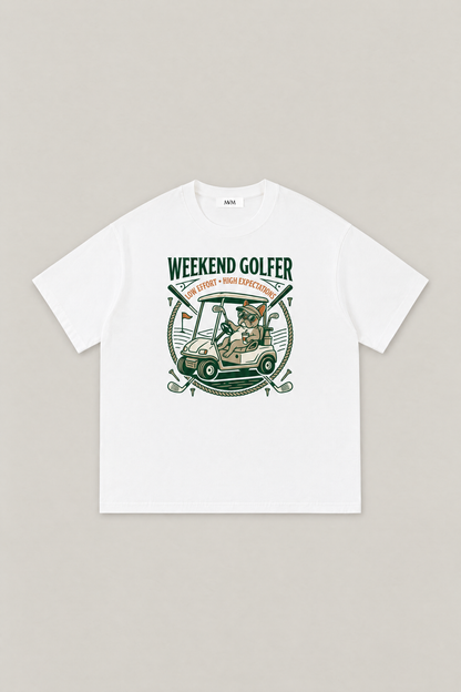 Weekend Golfer French Bulldog Golf Tee in white, flat lay front view. Color: White