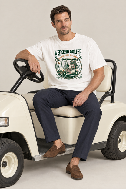Man sitting on a golf cart in the white Weekend Golfer French Bulldog Golf Tee. Color: White